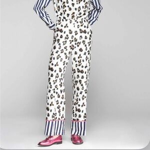 NWT Vilagallo Elena White Leopard-Print Wide-Leg Pant with Navy Stripe Cuffs